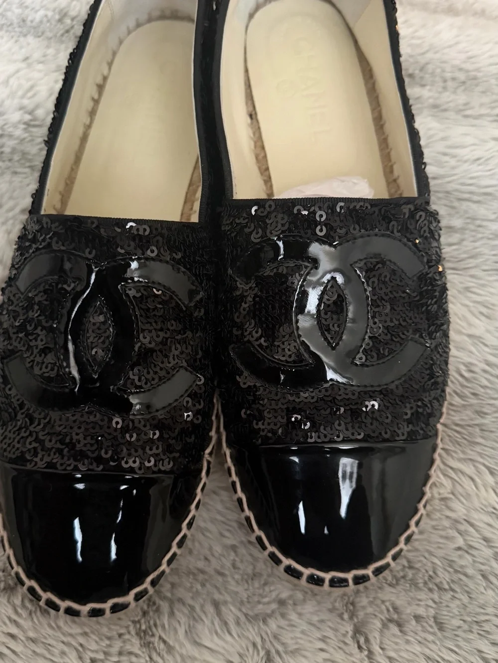 CHANEL Black Sequin Logo Espadrille Flats